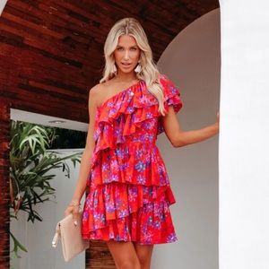 Brand new - one shoulder floral tiered mini dress